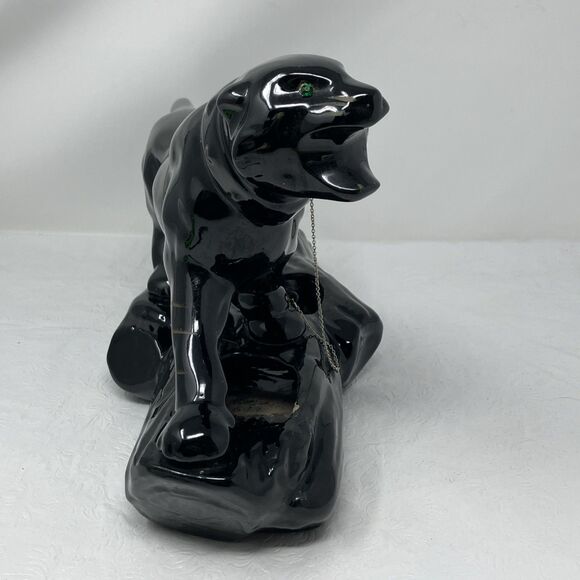 50s Mid Century Ceramic Black Panther Planter with Green Rhinestone Eyes & Chain - Picture 5 of 16